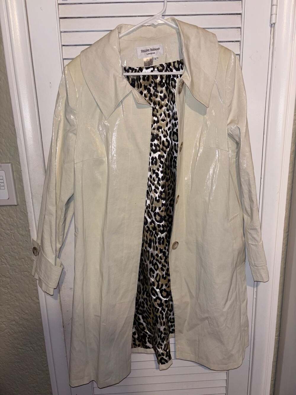 Helene Berman London Trench Coat Size L Cream Polyurethane Leopard Lining